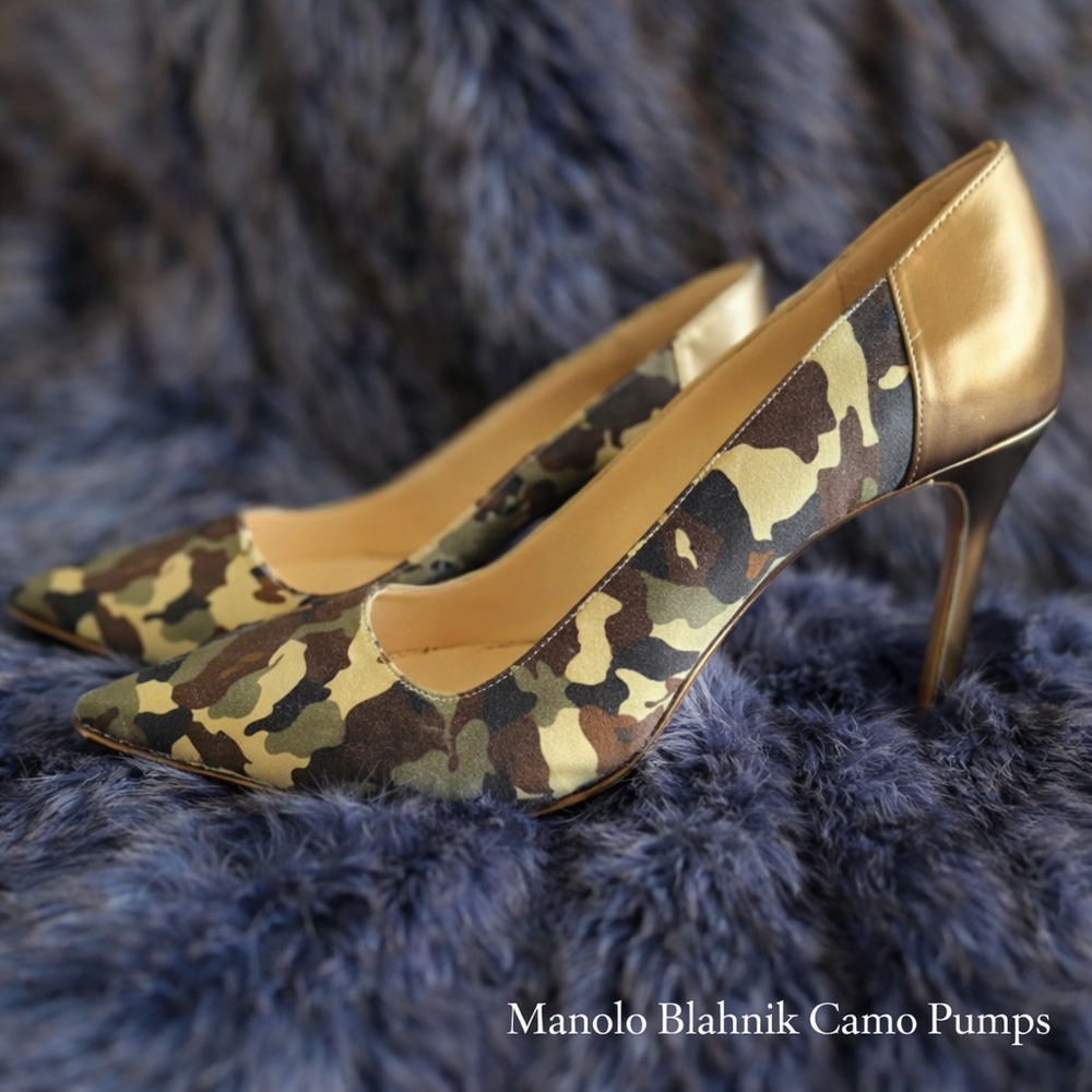 Manolo Blahnik Camo Print Pumps | Metallic Gold/Bronze Heel | Size 38.5 IT  8 US